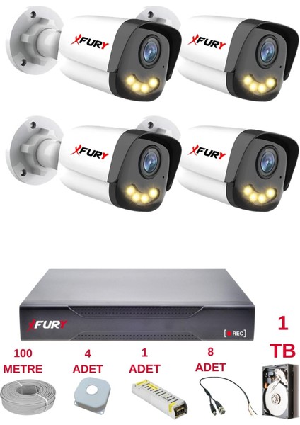 4 Kameralı 4 Warm LED Gece Renkli Görüş-Cepten Izle-Su Geçirmez Güvenlik Kamerası Seti 1tb