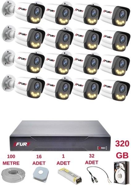 16 Kameralı 4 Warm LED Gece Renkli Görüş-Cepten Izle-Su Geçirmez Güvenlik Kamerası Seti 320GB