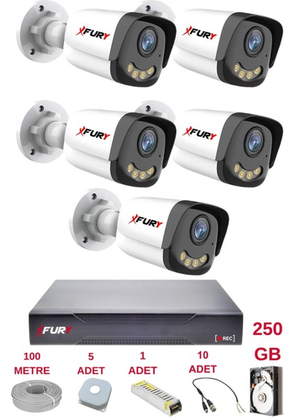 5 Kameralı 4 Warm LED Gece Renkli Görüş-Cepten Izle-Su Geçirmez Güvenlik Kamerası Seti 250GB fiyatları