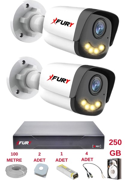 2 Kameralı 4 Warm LED Gece Renkli Görüş-Cepten Izle-Su Geçirmez Güvenlik Kamerası Seti 250GB