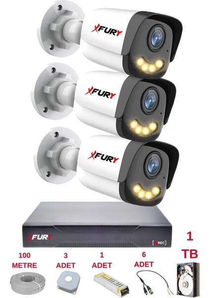 3 Kameralı 4 Warm LED Gece Renkli Görüş-Cepten Izle-Su Geçirmez Güvenlik Kamerası Seti 1tb