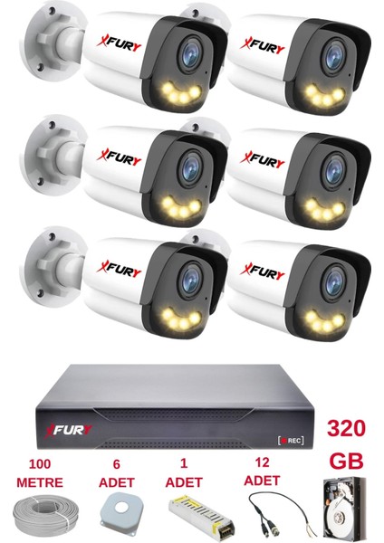6 Kameralı 4 Warm LED Gece Renkli Görüş-Cepten Izle-Su Geçirmez Güvenlik Kamerası Seti 320GB