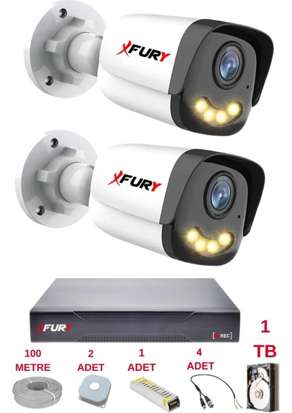 2 Kameralı 4 Warm LED Gece Renkli Görüş-Cepten Izle-Su Geçirmez Güvenlik Kamerası Seti 1tb