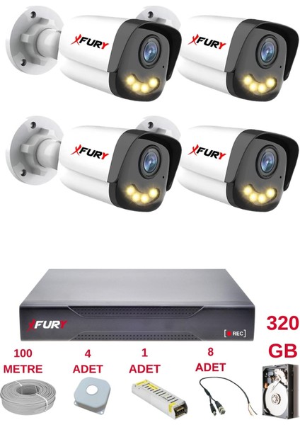 4 Kameralı 4 Warm LED Gece Renkli Görüş-Cepten Izle-Su Geçirmez Güvenlik Kamerası Seti 320GB
