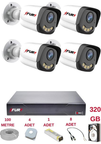 4 Kameralı 4 Warm LED Gece Renkli Görüş-Cepten Izle-Su Geçirmez Güvenlik Kamerası Seti 320GB fiyatları