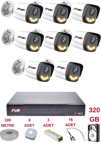 8 Kameralı 4 Warm LED Gece Renkli Görüş-Cepten Izle-Su Geçirmez Güvenlik Kamerası Seti 320GB