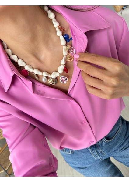 Marka Model Gül ve Kalp Detaylı Boncuk Kolye