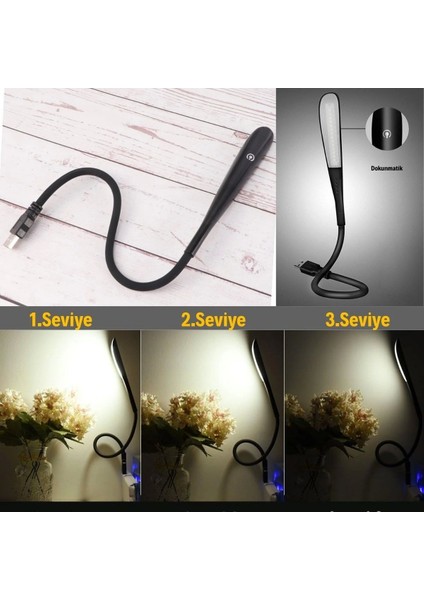 USB Girişli 14 Ledli 3 Kademeli Dokunmatik Masa/kitap Okuma Lambası Ledi Siyah (5047)