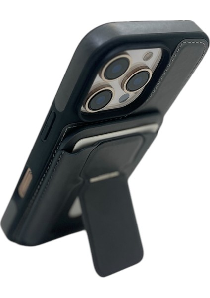 iPhone 13 Pro Max Uyumlu Standlı Kartlıklı Magsafe Wireless Şarj Özellikli Deri Cüzdan Kılıf