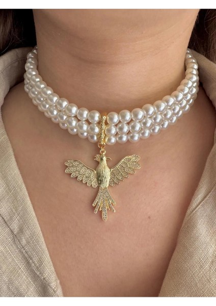 Üç Sıralı Gold Anka Kuş Detaylı Choker Inci Kolye