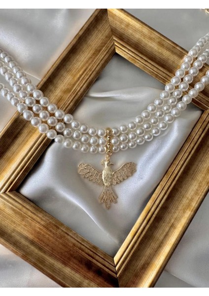 Üç Sıralı Gold Anka Kuş Detaylı Choker Inci Kolye fiyatları