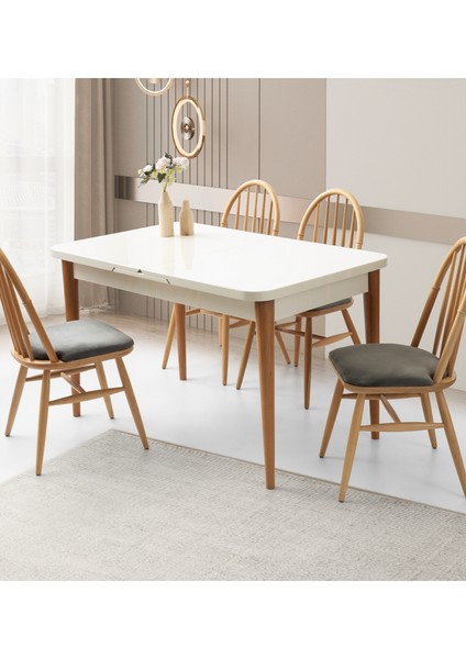 Açılır Yemek Masası Aura (Mdf) Lake Panel High Glos- Kapalı 130X80/AÇIK 160X80 Beyaz-Ekru Ahşap Ayaklı(SADECE MASA)