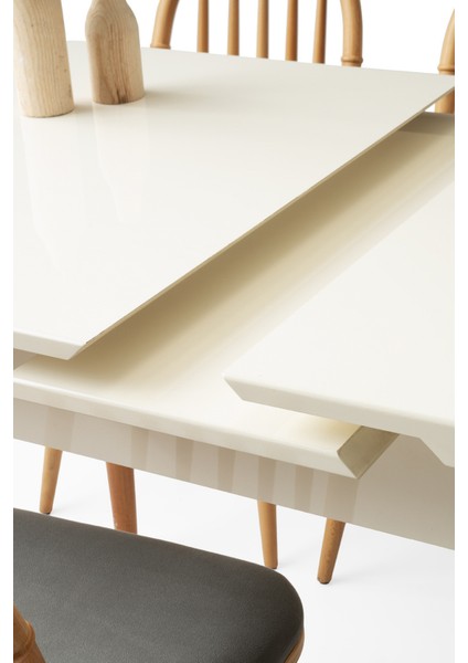 Açılır Yemek Masası Aura (Mdf) Lake Panel High Glos- Kapalı 130X80/AÇIK 160X80 Beyaz-Ekru Ahşap Ayaklı(SADECE MASA)