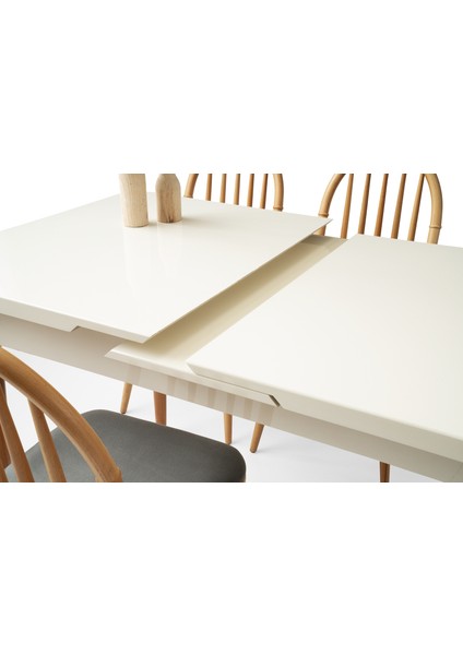 Açılır Yemek Masası Aura (Mdf) Lake Panel High Glos- Kapalı 130X80/AÇIK 160X80 Beyaz-Ekru Ahşap Ayaklı(SADECE MASA)