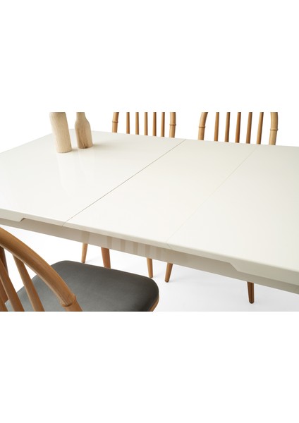 Açılır Yemek Masası Aura (Mdf) Lake Panel High Glos- Kapalı 130X80/AÇIK 160X80 Beyaz-Ekru Ahşap Ayaklı(SADECE MASA)
