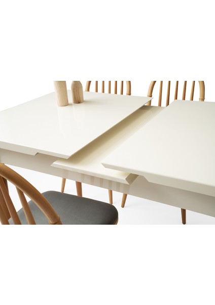 Açılır Yemek Masası Aura (Mdf) Lake Panel High Glos- Kapalı 130X80/AÇIK 160X80 Beyaz-Ekru Ahşap Ayaklı(SADECE MASA)