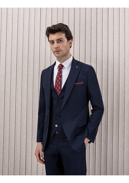 Erkek Likralı Slim Fit Sivri Yaka Yelekli Takım Elbise