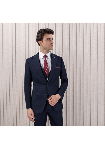 Erkek Likralı Slim Fit Sivri Yaka Yelekli Takım Elbise