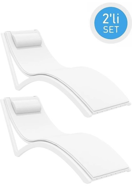TRK-087 Siesta Minderli Yastıklı Lüks Ergonomik Slim Şezlong Beyaz 2'li Set