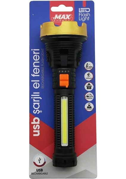 ORTA=19CM 2in1= Osl LED - Cob LED USB Şarjlı El Feneri 3-Kademe Işık - Flaşör Şarj Gösterge (5047)