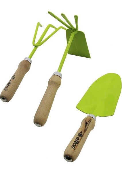 Eltos EBS-003 3pcs Bahçe Hobi Seti Renkli Metal Çift Başlı Çapa - 3 Dişli Tırmık - Kürek Ahşap Saplı (5047)