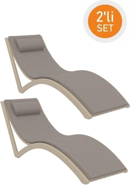 TRK-087 Siesta Minderli Yastıklı Lüks Ergonomik Slim Şezlong Kum Gri 2'li Set