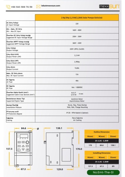 Solar Sulama Sistemleri Monokristal 2hp/3hp (1,5kw/2,2 Kw) Solar Pompa Sürücüsü Tarımsal Sulama modelleri