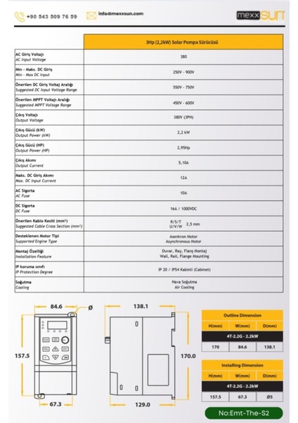 Tarla Bahçeler Için Solar Güneş Enerji Sulama Sistemi 3hp 2.2 Kw Trifaze Solar Pompa Sürücü modelleri