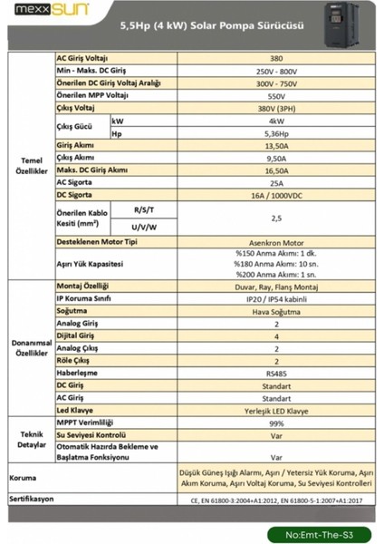 Tarla ve Sera Sulama Sistemi Mexsunn 5.5 Hp 4kw Trifaze Solar Pompa Sürücüsü modelleri