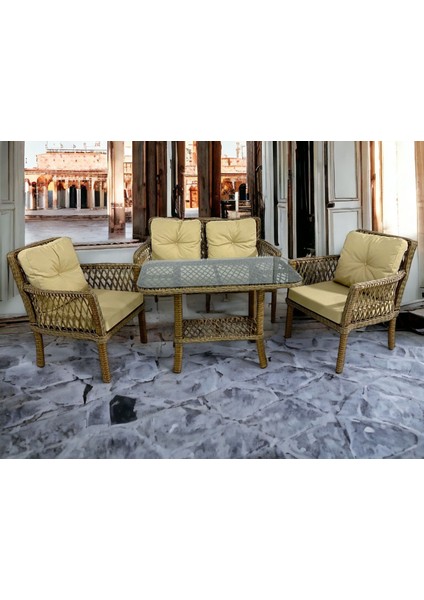 Sümer Rattan Bahçe Balkon Oturma Takımı – 4 Kişilik, Minderli, Metal Gövdeli, Orta Sehpa Dahil