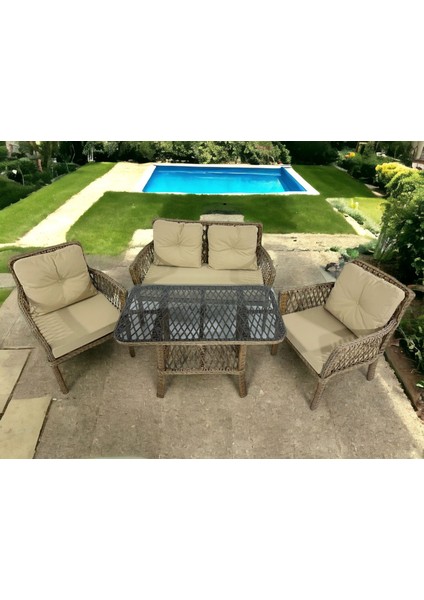 Sümer Rattan Bahçe Balkon Oturma Takımı – 4 Kişilik, Minderli, Metal Gövdeli, Orta Sehpa Dahil