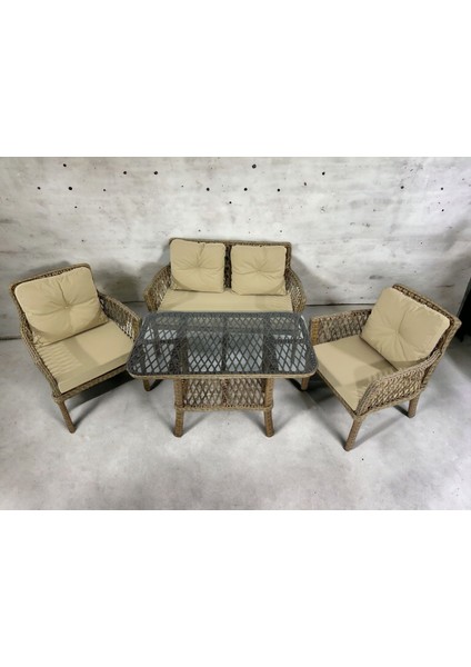 Sümer Rattan Bahçe Balkon Oturma Takımı – 4 Kişilik, Minderli, Metal Gövdeli, Orta Sehpa Dahil