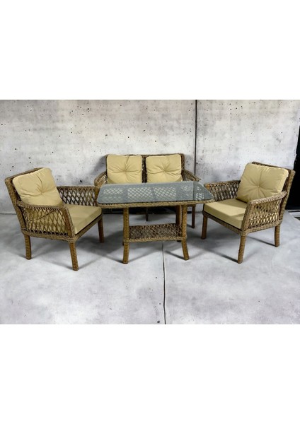Sümer Rattan Bahçe Balkon Oturma Takımı – 4 Kişilik, Minderli, Metal Gövdeli, Orta Sehpa Dahil
