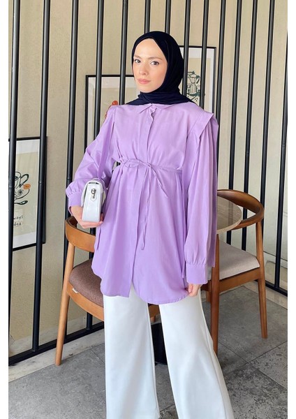 Bel Bağlamalı Omuz Vatkalı Gömlek Pamuk Polyester Düz Desen Kadınlar İçin Lila