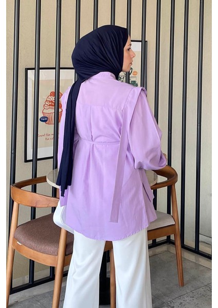Bel Bağlamalı Omuz Vatkalı Gömlek Pamuk Polyester Düz Desen Kadınlar İçin Lila fırsatları