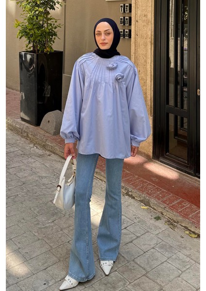 Çiçek Detaylı Nervür Bluz Bebe Mavisi