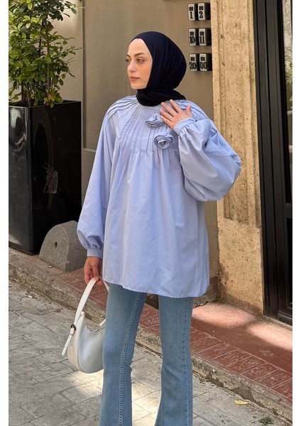 Çiçek Detaylı Nervür Bluz Bebe Mavisi