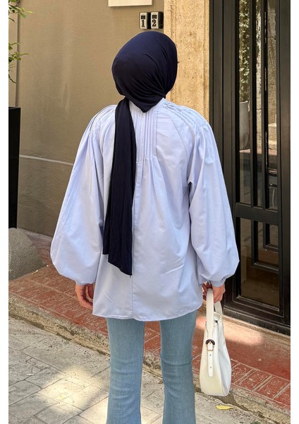 Çiçek Detaylı Nervür Bluz Bebe Mavisi