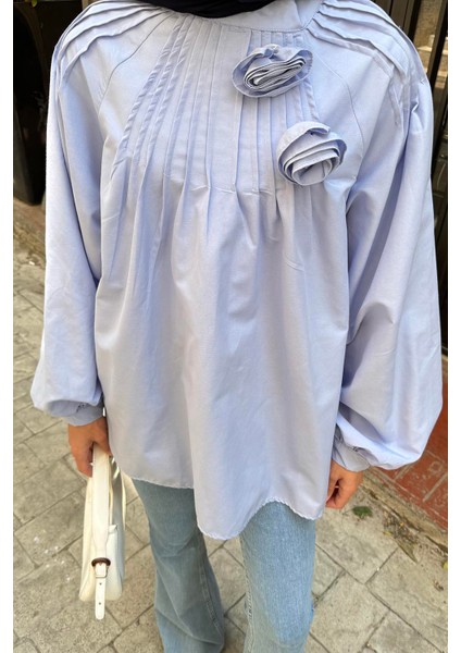 Çiçek Detaylı Nervür Bluz Bebe Mavisi