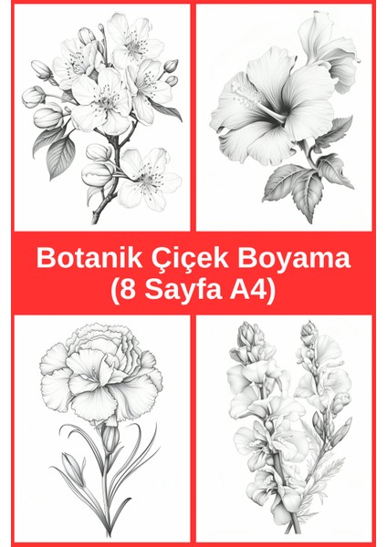 Botanik Çiçek Boyama Sayfaları 5, (8 Adet A4 Boyut)