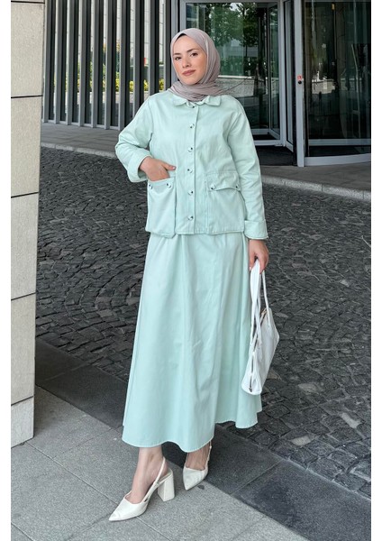 Cep Detaylı Ikili Etek Tesettür Takım Mint Yeşili
