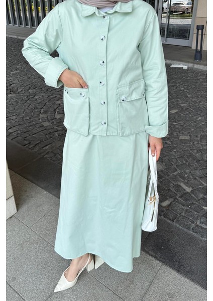 Cep Detaylı Ikili Etek Tesettür Takım Mint Yeşili modelleri