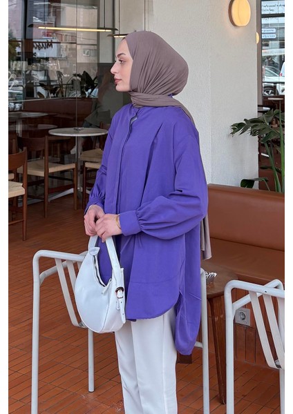 Manşeti Biyeli Tunik Mor
