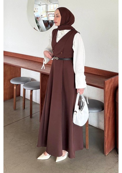 Düğme Detaylı Kolsuz Tesettür Elbise Acı Kahverengi fiyatları
