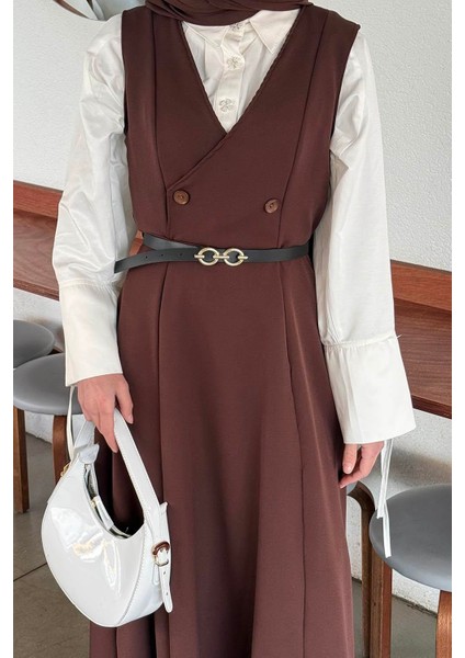 Düğme Detaylı Kolsuz Tesettür Elbise Acı Kahverengi modelleri