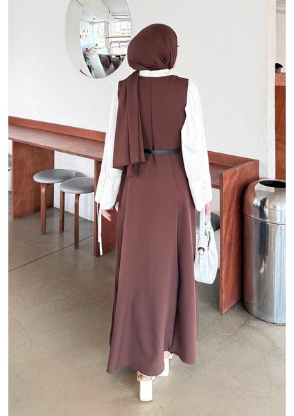 Düğme Detaylı Kolsuz Tesettür Elbise Acı Kahverengi fırsatları