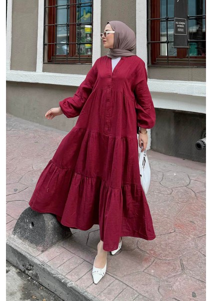 Ön Yarım Düğme Detaylı Müslin Kumaş Tesettür Elbise Bordo
