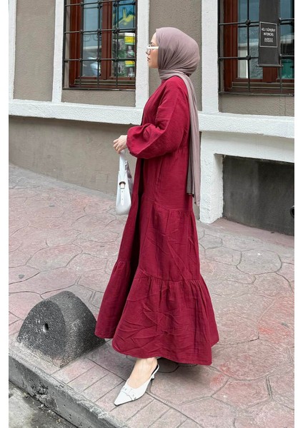 Ön Yarım Düğme Detaylı Müslin Kumaş Tesettür Elbise Bordo fiyatları