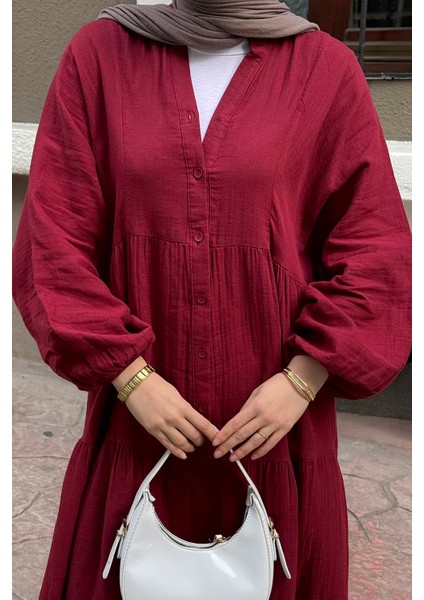 Ön Yarım Düğme Detaylı Müslin Kumaş Tesettür Elbise Bordo modelleri