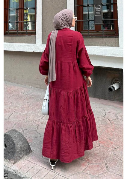 Ön Yarım Düğme Detaylı Müslin Kumaş Tesettür Elbise Bordo fırsatları